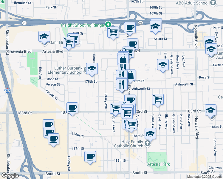 map of restaurants, bars, coffee shops, grocery stores, and more near 17833 Alburtis Avenue in Artesia