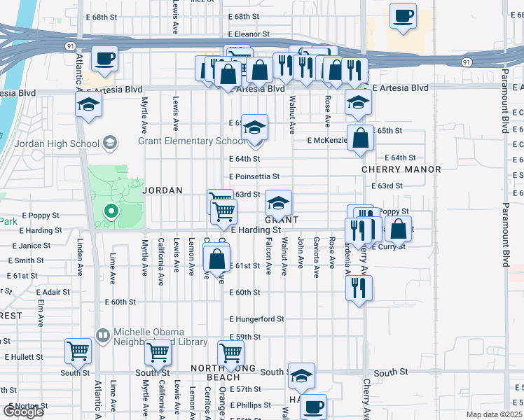 map of restaurants, bars, coffee shops, grocery stores, and more near 1429 East Poppy Street in Long Beach