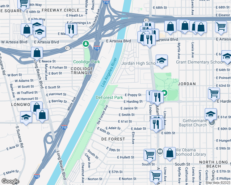 map of restaurants, bars, coffee shops, grocery stores, and more near 335 East Poppy Street in Long Beach