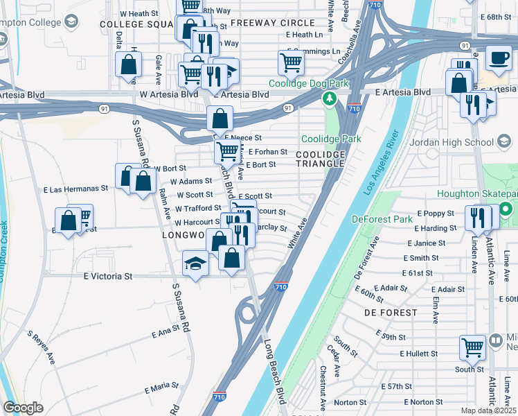 map of restaurants, bars, coffee shops, grocery stores, and more near 129 East Harcourt Street in Long Beach