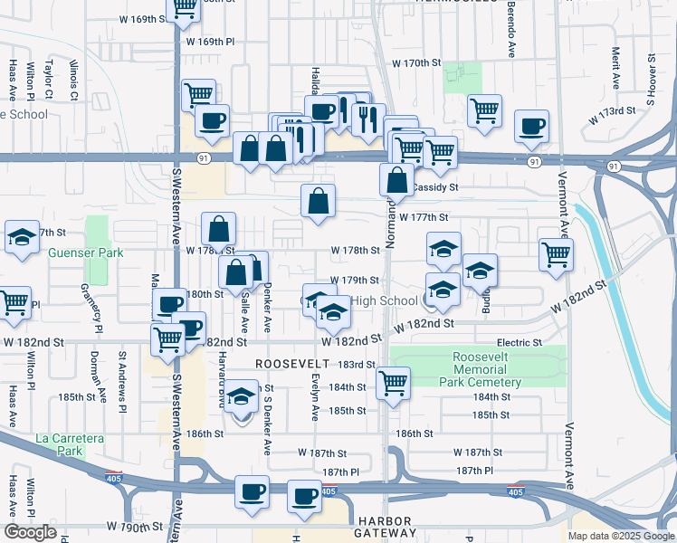 map of restaurants, bars, coffee shops, grocery stores, and more near 1485 West 179th Street in Gardena