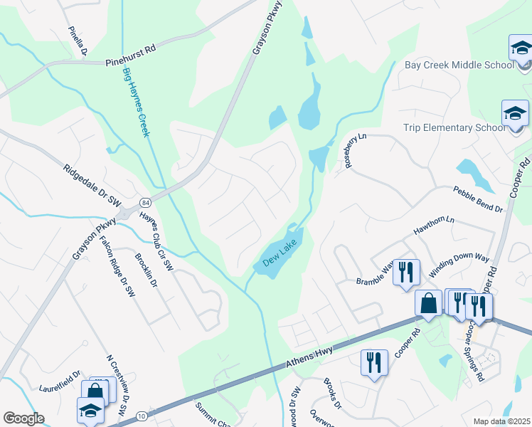 map of restaurants, bars, coffee shops, grocery stores, and more near 2545 Lakemeadow Lane Southwest in Grayson