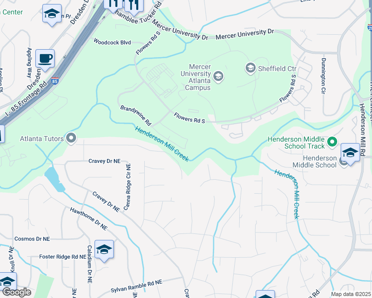 map of restaurants, bars, coffee shops, grocery stores, and more near 2990 Brandywine Road in Atlanta