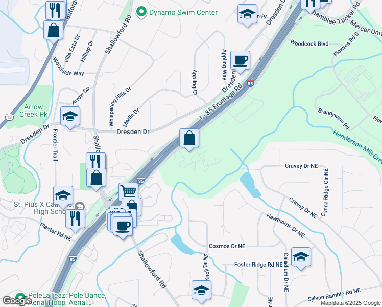 map of restaurants, bars, coffee shops, grocery stores, and more near 3113 Colonial Way in Atlanta