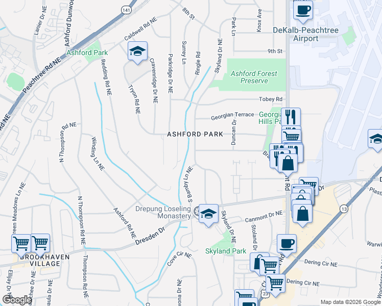 map of restaurants, bars, coffee shops, grocery stores, and more near 2777 Ashburn Lane in Chamblee
