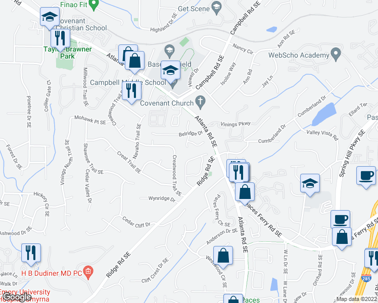 map of restaurants, bars, coffee shops, grocery stores, and more near 2000 Belridge Court in Smyrna