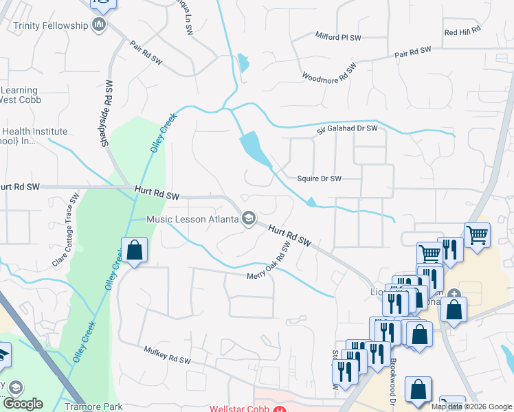 map of restaurants, bars, coffee shops, grocery stores, and more near 3512 Baroney Lane Southwest in Marietta