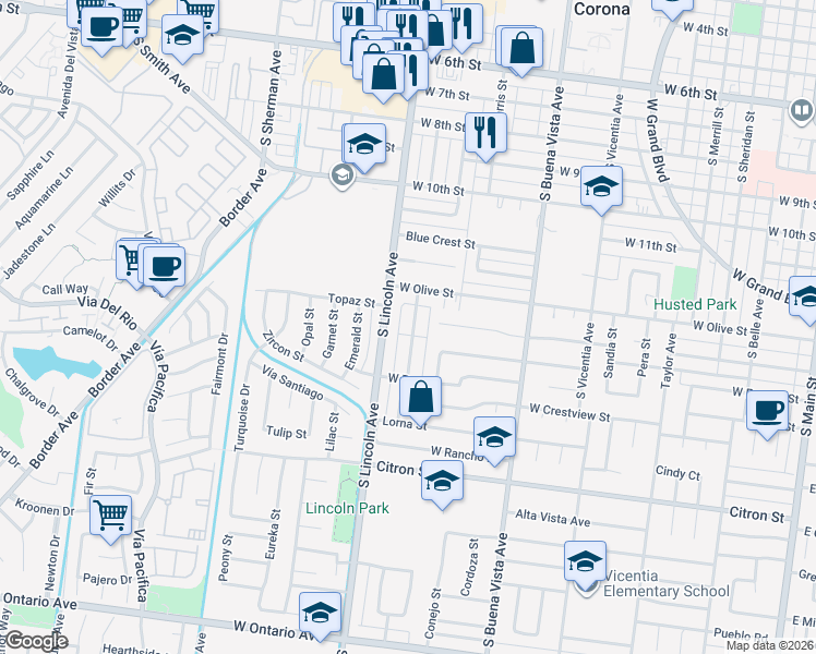 map of restaurants, bars, coffee shops, grocery stores, and more near 1404 South Normandy Terrace in Corona