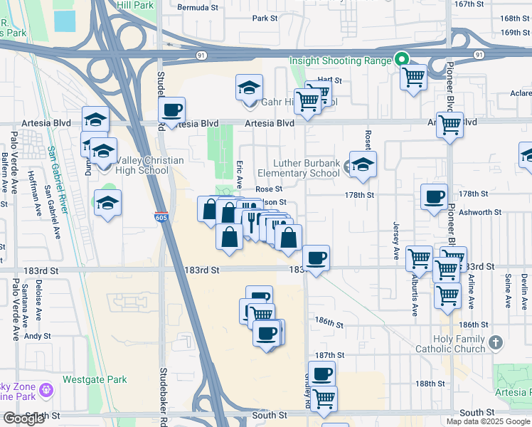 map of restaurants, bars, coffee shops, grocery stores, and more near 11316 Michelle Street in Cerritos
