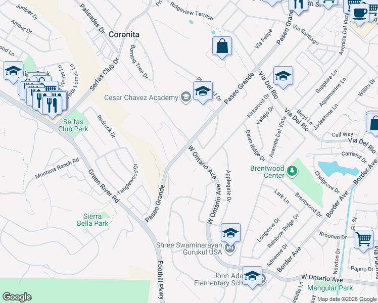 map of restaurants, bars, coffee shops, grocery stores, and more near 1301 Paseo Grande in Corona