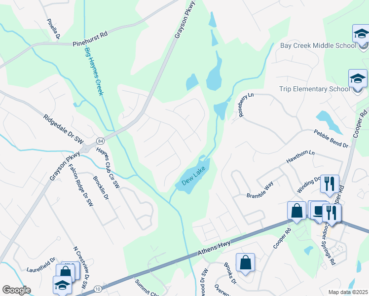map of restaurants, bars, coffee shops, grocery stores, and more near 2545 Lakemeadow Lane Southwest in Grayson