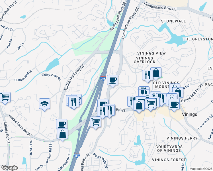 map of restaurants, bars, coffee shops, grocery stores, and more near 2555 Cumberland Parkway Southeast in Atlanta