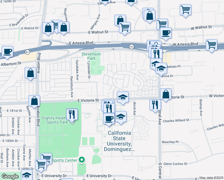 map of restaurants, bars, coffee shops, grocery stores, and more near 972 Blackberry Lane in Carson