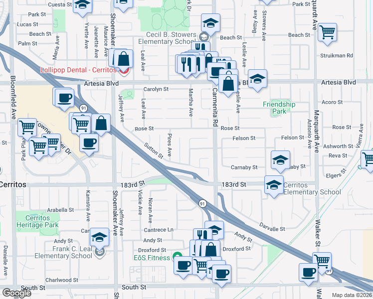 map of restaurants, bars, coffee shops, grocery stores, and more near 13303 Ashworth Street in Cerritos