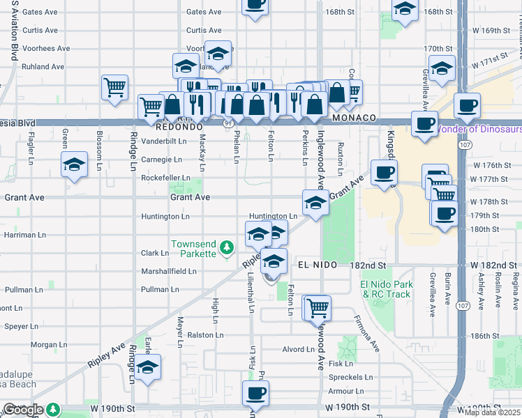 map of restaurants, bars, coffee shops, grocery stores, and more near 2517 Huntington Lane in Redondo Beach