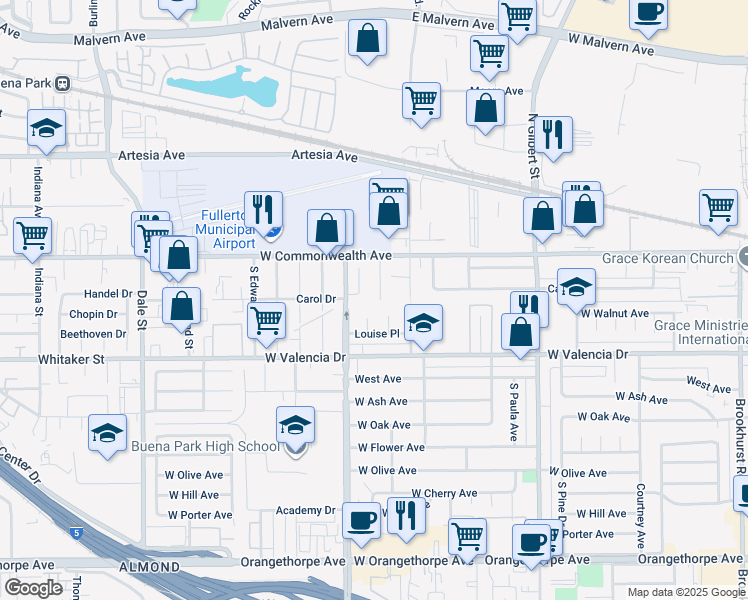 map of restaurants, bars, coffee shops, grocery stores, and more near 147 Thompson Avenue in Fullerton