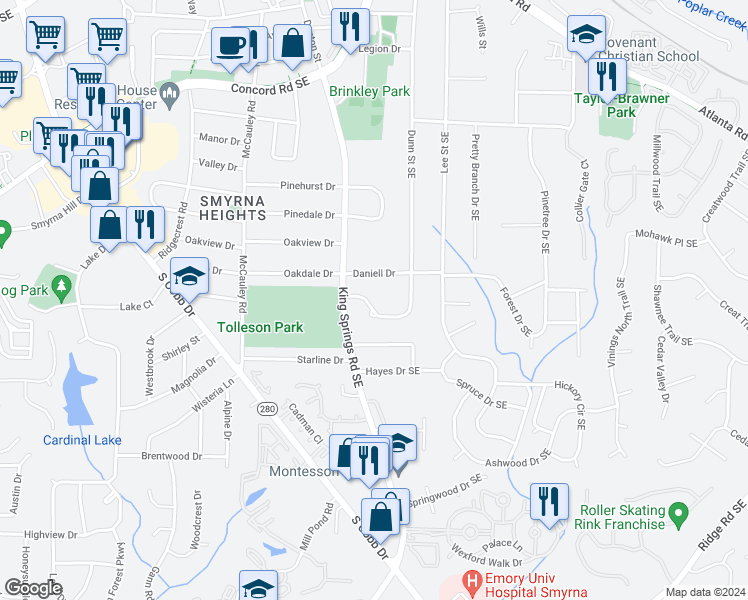 map of restaurants, bars, coffee shops, grocery stores, and more near 3532 Dunn Street Southeast in Smyrna