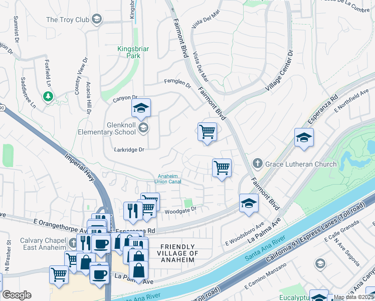 map of restaurants, bars, coffee shops, grocery stores, and more near 20011 Apple Creek Lane in Yorba Linda