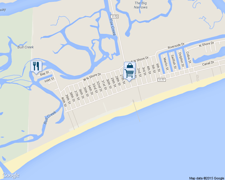 map of restaurants, bars, coffee shops, grocery stores, and more near 429 30th Street in Sunset Beach