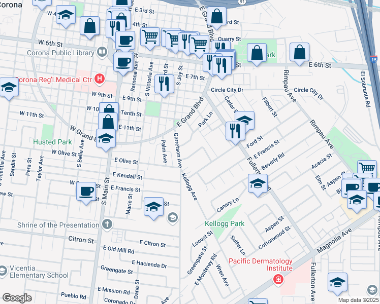 map of restaurants, bars, coffee shops, grocery stores, and more near 611 Lancer Lane in Corona