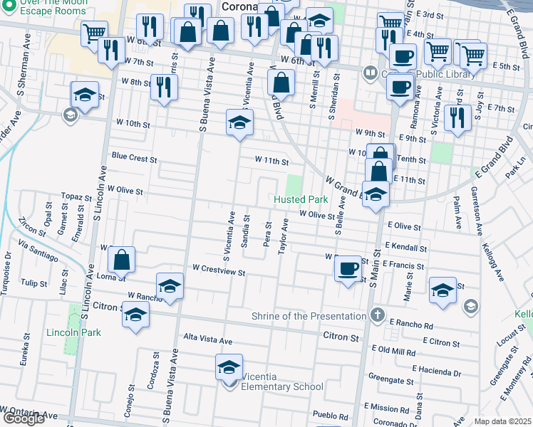 map of restaurants, bars, coffee shops, grocery stores, and more near 618 West Olive Street in Corona