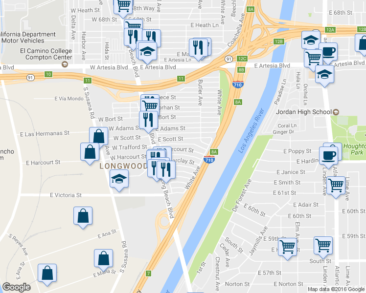 map of restaurants, bars, coffee shops, grocery stores, and more near 197 East Harcourt Street in Long Beach