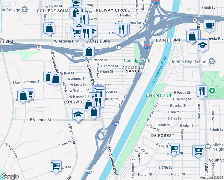 map of restaurants, bars, coffee shops, grocery stores, and more near 197 East Harcourt Street in Long Beach