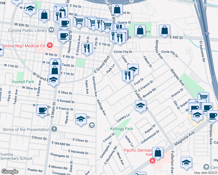 map of restaurants, bars, coffee shops, grocery stores, and more near 628 Lancer Lane in Corona