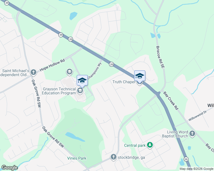 map of restaurants, bars, coffee shops, grocery stores, and more near 3320 Gardenside Drive Southwest in Loganville