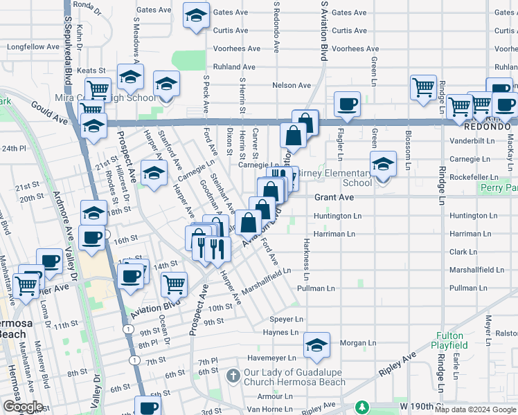 map of restaurants, bars, coffee shops, grocery stores, and more near 1510 Carver Street in Redondo Beach