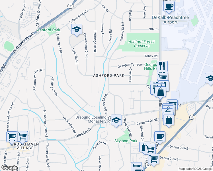 map of restaurants, bars, coffee shops, grocery stores, and more near 2777 Ashburn Lane in Chamblee