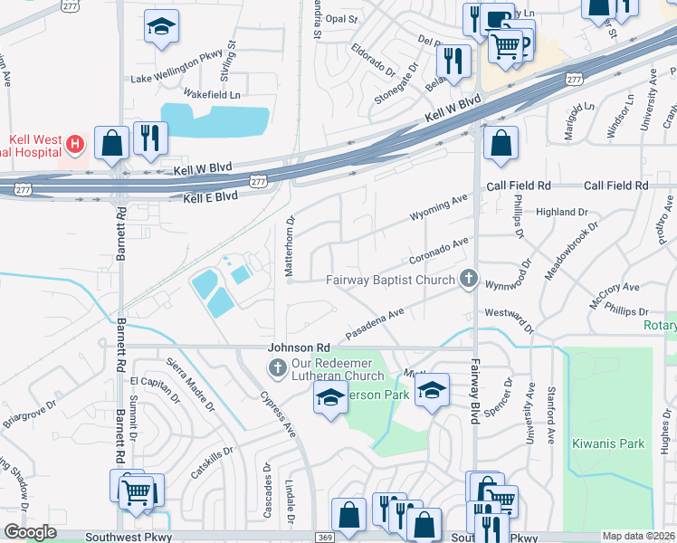 map of restaurants, bars, coffee shops, grocery stores, and more near 4410 Concord Road in Wichita Falls