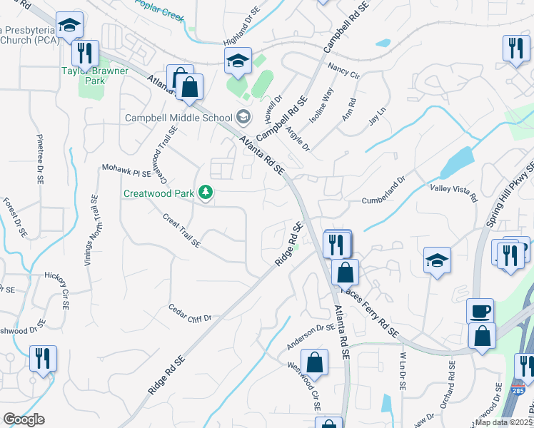 map of restaurants, bars, coffee shops, grocery stores, and more near 2000 Belridge Court in Smyrna