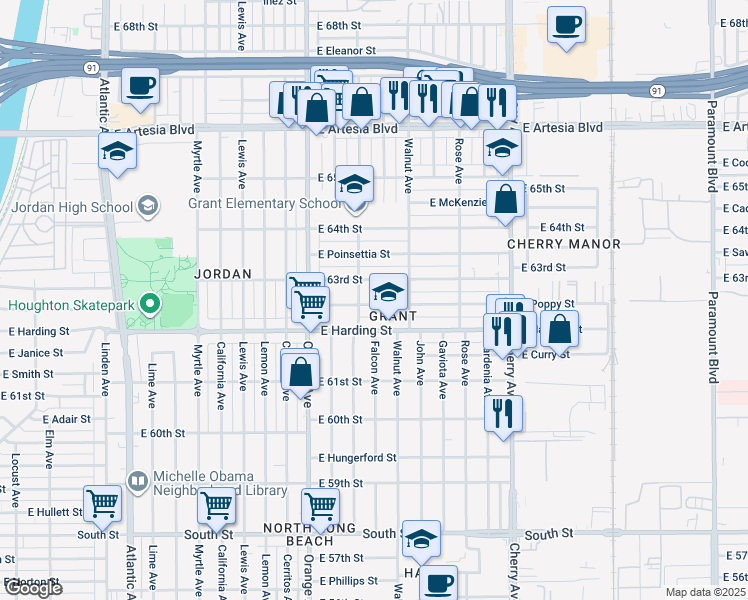map of restaurants, bars, coffee shops, grocery stores, and more near 1429 East Poppy Street in Long Beach