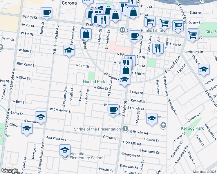 map of restaurants, bars, coffee shops, grocery stores, and more near in Norco