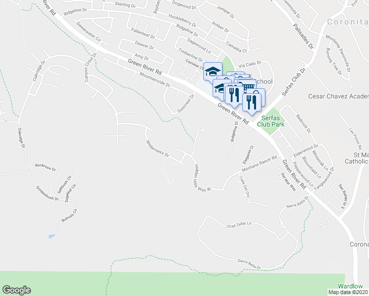 map of restaurants, bars, coffee shops, grocery stores, and more near 2925 Hidden Hills Way West in Corona