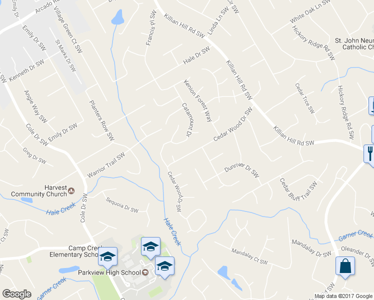 map of restaurants, bars, coffee shops, grocery stores, and more near 4487 Cedar Wood Drive Southwest in Lilburn