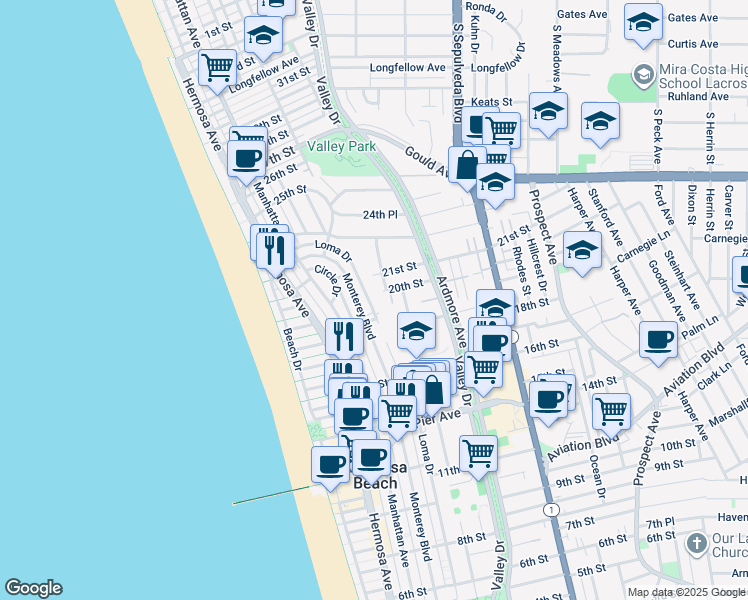 map of restaurants, bars, coffee shops, grocery stores, and more near 1940 Loma Drive in Hermosa Beach