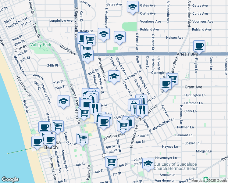 map of restaurants, bars, coffee shops, grocery stores, and more near 1723 Golden Avenue in Hermosa Beach