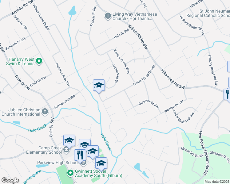 map of restaurants, bars, coffee shops, grocery stores, and more near 4487 Cedar Wood Drive Southwest in Lilburn