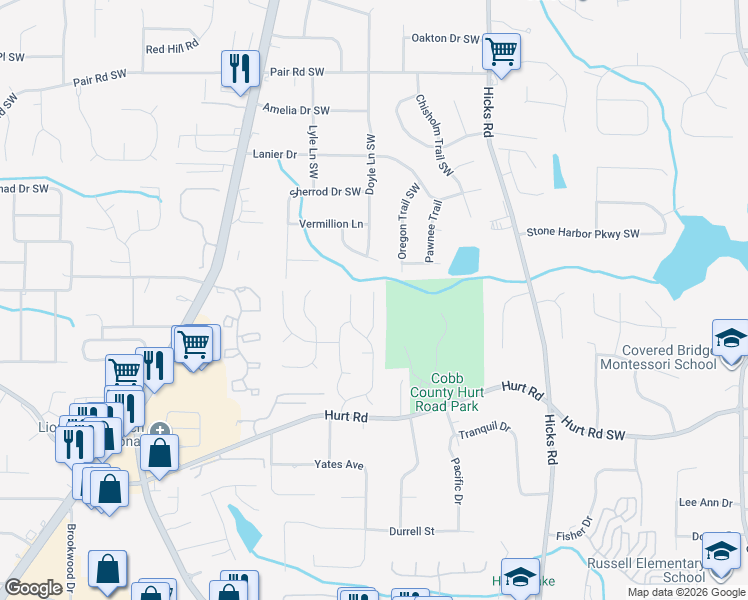 map of restaurants, bars, coffee shops, grocery stores, and more near 3539 Quiet Creek Ct SW in Marietta