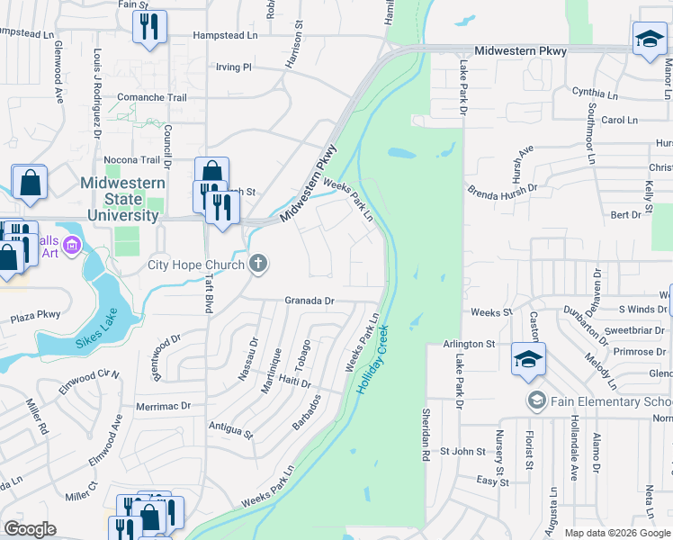 map of restaurants, bars, coffee shops, grocery stores, and more near 4209 Picasso Drive in Wichita Falls