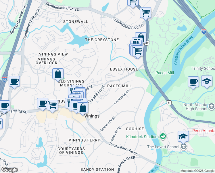 map of restaurants, bars, coffee shops, grocery stores, and more near 3130 Paces Mill Rd SE in Atlanta