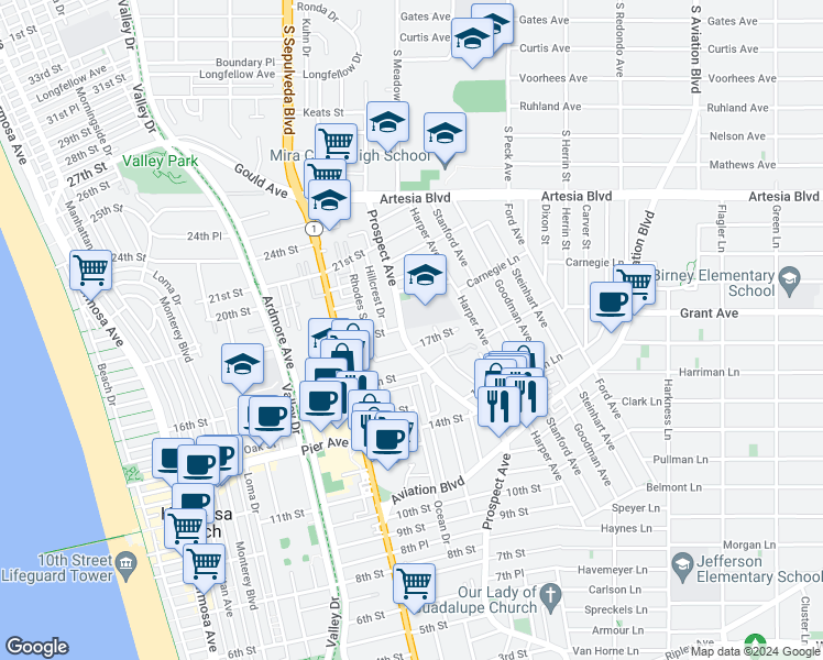 map of restaurants, bars, coffee shops, grocery stores, and more near 1734 Prospect Avenue in Hermosa Beach