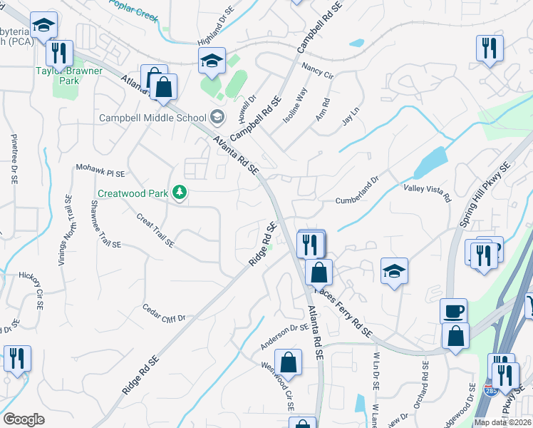 map of restaurants, bars, coffee shops, grocery stores, and more near 2037 Ivy Ridge Road Southeast in Smyrna