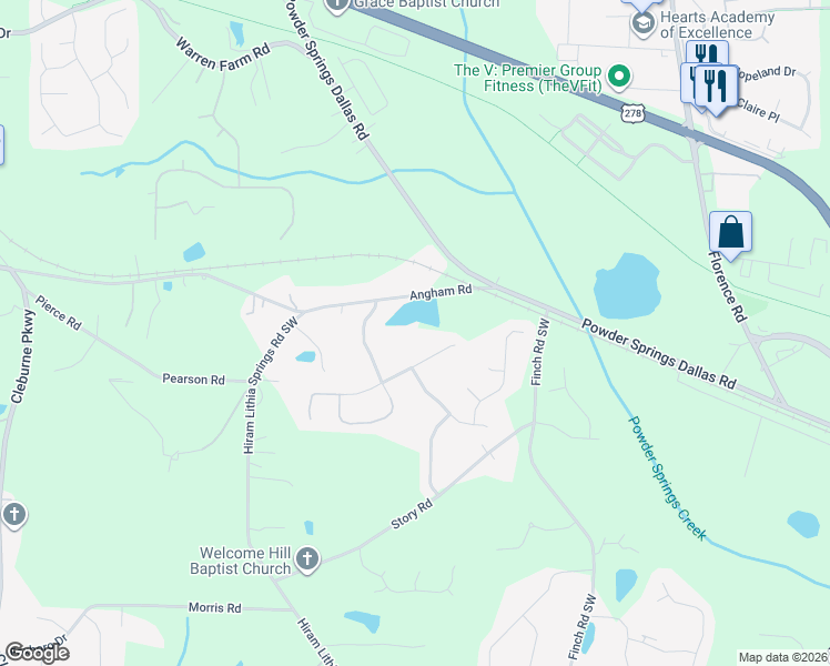 map of restaurants, bars, coffee shops, grocery stores, and more near 5481 Angham Road in Hiram