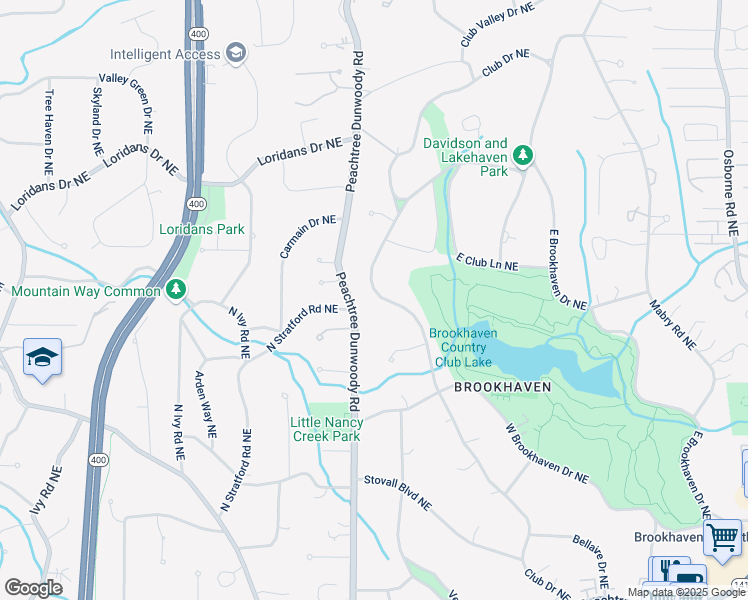 map of restaurants, bars, coffee shops, grocery stores, and more near 4152 Club Drive Northeast in Atlanta