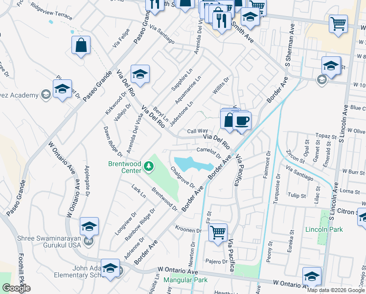 map of restaurants, bars, coffee shops, grocery stores, and more near 1511 Camelot Drive in Corona