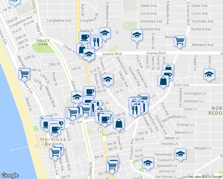 map of restaurants, bars, coffee shops, grocery stores, and more near 1734 Prospect Avenue in Hermosa Beach