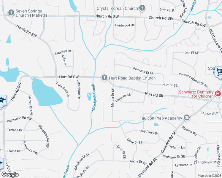 map of restaurants, bars, coffee shops, grocery stores, and more near 3516 Marcia Drive Southeast in Smyrna